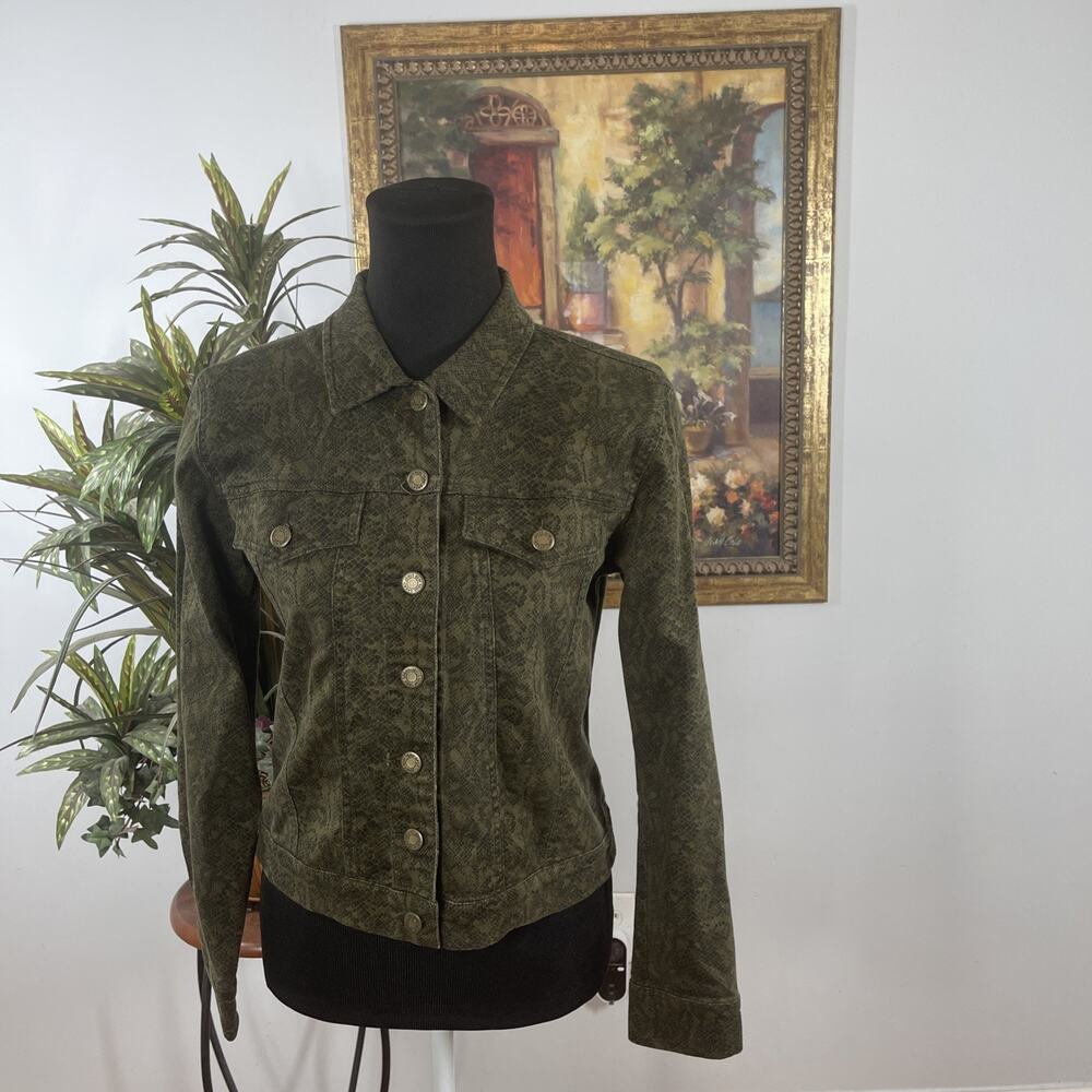 Jones New York Sport Women Jacket Size 4 Green Snakeskin Print Stretch Military